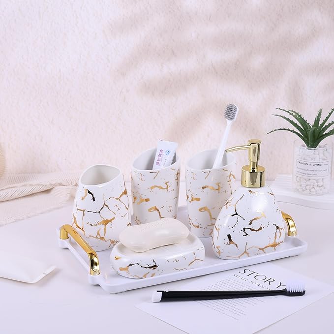 Ceramics White Bathroom Accessories Set,Gold Marble Look Bathroom Decor,Modern 6 Piece Bathroom Accessory Set,Complete with Soap Dispenser,Toothbrush Holder,Tumbler,Tray Countertop