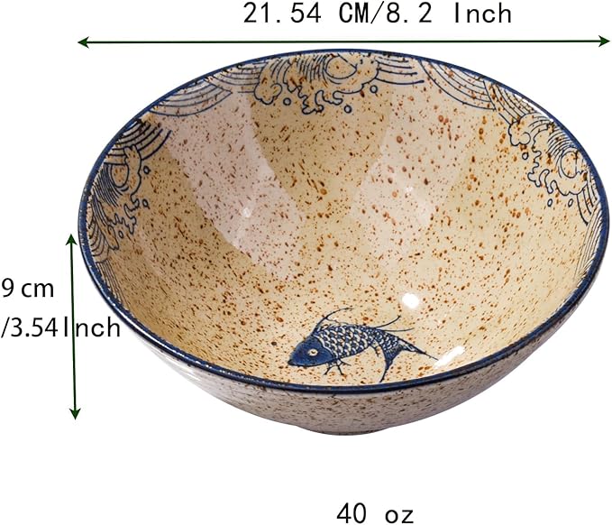 8-inch Ceramic Ramen Bowls with Fish Design, Japanese Style Soup Ramen Noodle Bowls, Set of 2, Dishwasher & Microwave Safe