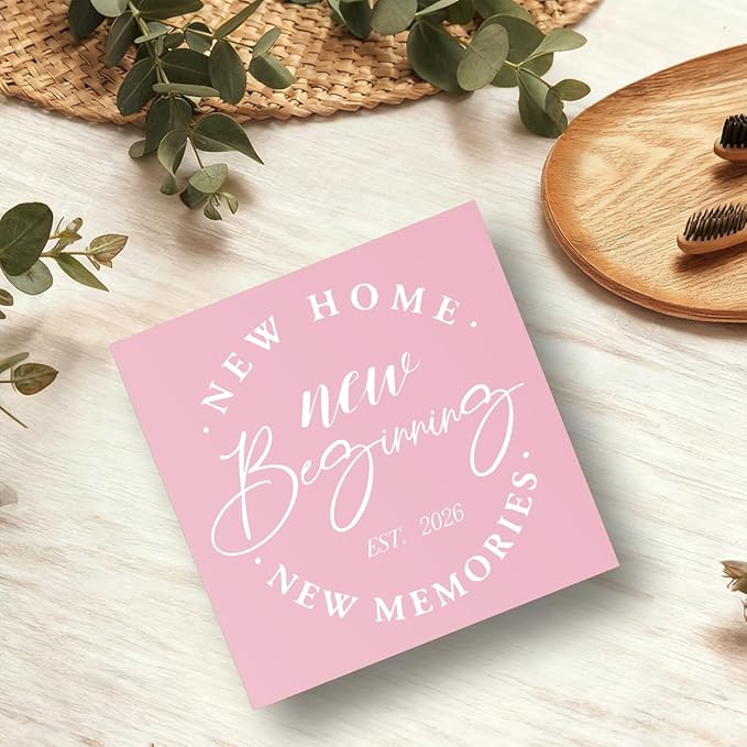 Rustic 2026 New Home Housewarming Gifts Ideas for Women Men Friend Home Desk Shelf Decor - 5.1 x 5.1 Inches New Memories Decor Accessories - Pink
