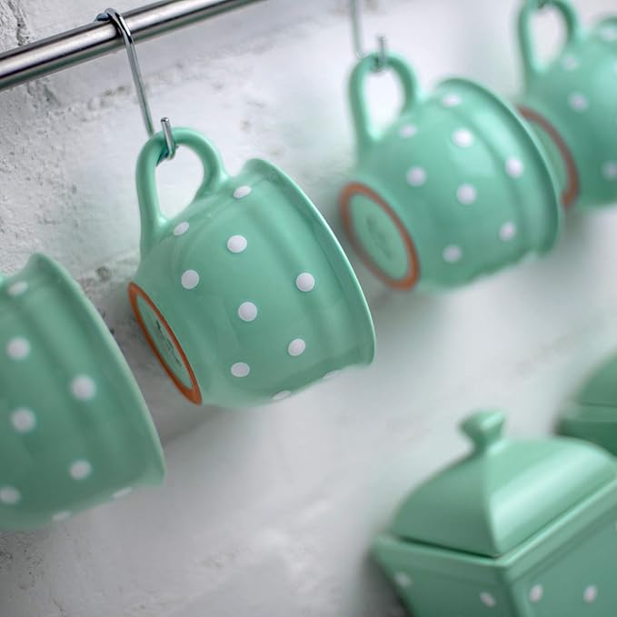 City to Cottage Handmade Teal Blue and White Polka Dot Large Ceramic 12oz/350ml Cappuccino Coffee Tea Cup and Saucer, Unique Designer Pottery for Tea Lovers