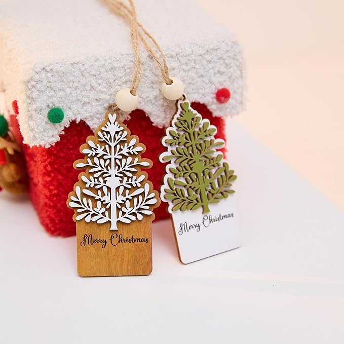 NGHYANA Merry Christmas 3D Wooden Tree Ornaments Set for Holiday Decor 4 Inch Rustic Hanging Decorations