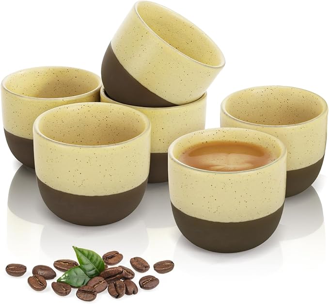 DEAYOU Set of 6 Ceramic Espresso Cups, 4.2oz Stackable Japanese Tea Cups, Handleless Chinese Teacup, Thick Walled Demitasse Cups for Espresso Machine, Cafe, Dishwasher & Microwave Safe