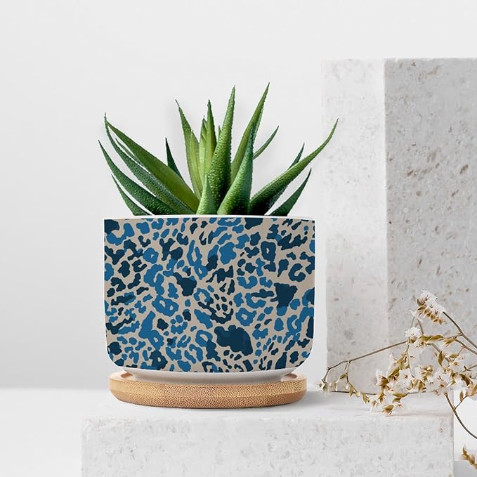 Leopard Blue and Light Brown Dot Ceramic Planter African Tribal Animal Print Snake Plant Live Indoor with Pot with Drainage Holes and Saucers Pot for Home Desktop Office Windowsill