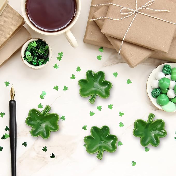 Whaline 4 Pcs 2.7 Inch St. Patrick's Day Mini Ceramic Spoon Rest Gradient Green Shamrock Small Coffee Spoon Holder Clover Ring Dish for Irish Holiday Home Coffee Station Bar Accessories