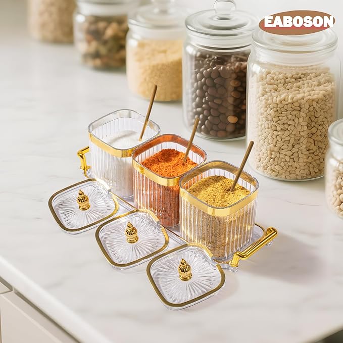 3 Pack Clear Condiment Spice Jars with Lids, Spoons, Tray - Plastic Seasoning Box Set for Salt, Pepper, Sugar - Kitchen Storage