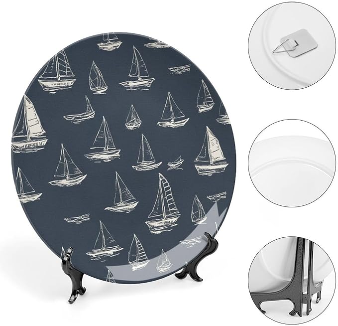 Personalized Gifts Plates Ceramic, Sail Boats Nautical Navy Blue Ceramic Hanging Decorative Plate Wall Including Bracket And Special Hook, Vintage Decor for Table Display Kitchen, 6", 7", 8", 10"