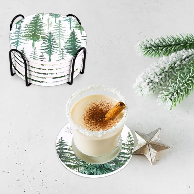 Whaline 6 Pcs Christmas Coasters Cup Mat with Metal Holder Watercolor Cedar Pine Forest Ceramic Drink Coasters for Xmas Winter Holiday Party Home Kitchen Bar Table Decor