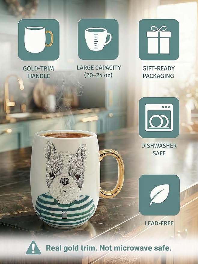 Large 24oz Ceramic Coffee Mug with Gold-Trim Handle, Oversized Porcelain Mug for Coffee, Tea & Hot Chocolate, Hand-Painted Artisan Style, Lead-Free, Gift-Ready Box, Hand Wash Only, Not Microwave Safe
