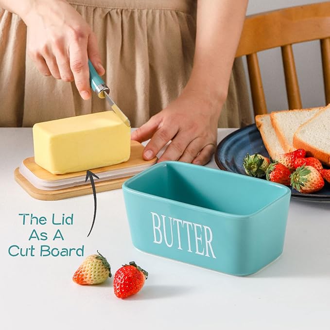 Hasense Porcelain Butter Dish with Lid for Countertop, Large Ceramic Butter Dish with Knife, Airtight Butter Keeper Container with Cover Perfect for East West Coast Butter, Turquoise