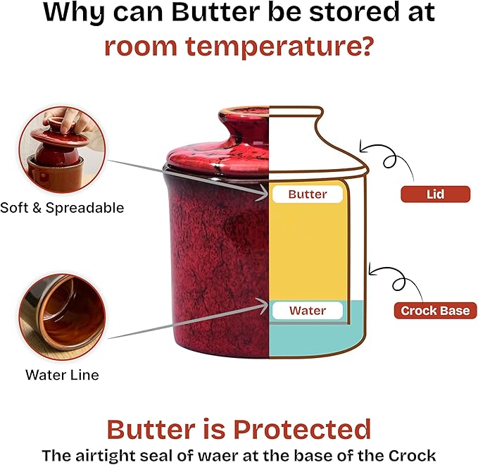 Pottery Butter Crock with Lid, Ceramic Butter Dish with Water Line, Countertop Butter Keeper, Butter Holder for Countertop, Red