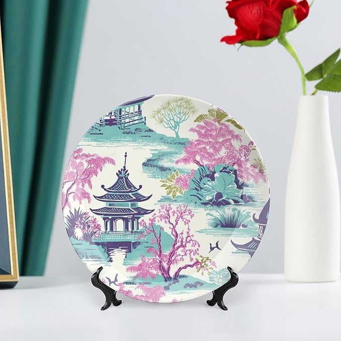 Chinoiserie Pagoda White Coral Blue Asian Plates Ceramic, Chinoiserie Garden Scenery Hand Painted Wall Hanging Decor for Kitchen Household Decor, with Vertical Stand Art Decor for Wall Art Decoration
