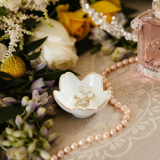 Pearl White Flower Jewelry Dish Ceramic Ring Holder Tray for Vanity, Small Ring Dish Trinket Bowl Aesthetic Nightstand/Bathroom Decor, Women's Gift for Christmas, Birthday, Mother's Day, Anniversary