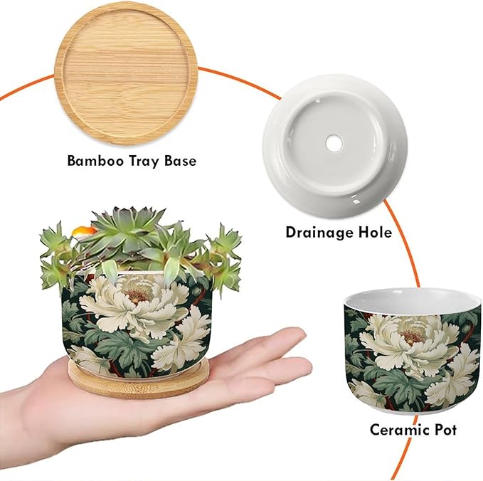 Egg Green and White Floral Small Pot for Flowers Set of 3 White Chinoiserie Flower Ceramics Pots for Plants with Drainage Bamboo Trays Chinoiserie Cactus Planter