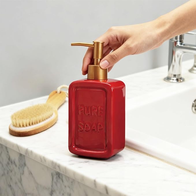 Ceramic Retro Soap Dispenser with Gold Pump, 15oz Capacity, Premium Ceramic Design for Bathroom or Kitchen (Red)