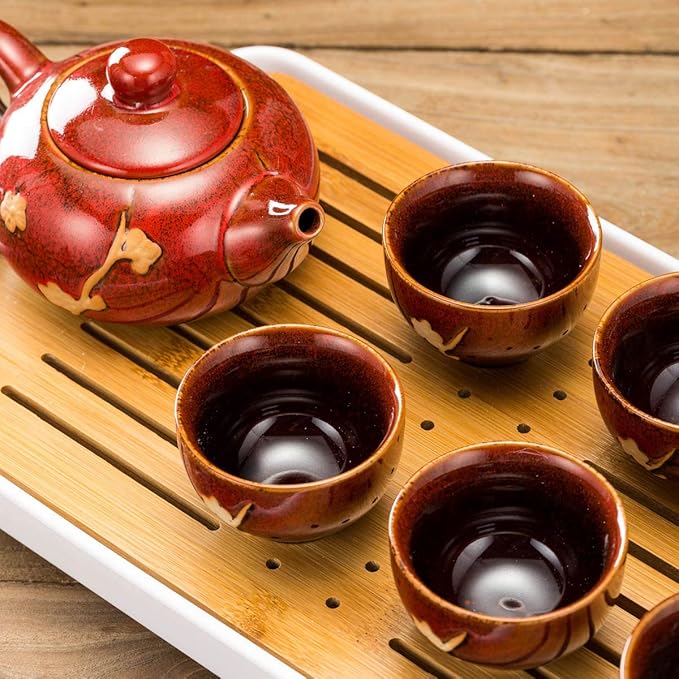 TJ Global Chinese/Japanese Ceramic Tea Set, 100% Handmade Traditional Tea Ceremony Set with Teapots, 6 Teacups, Bamboo Tea Tray with Drainage (Red)