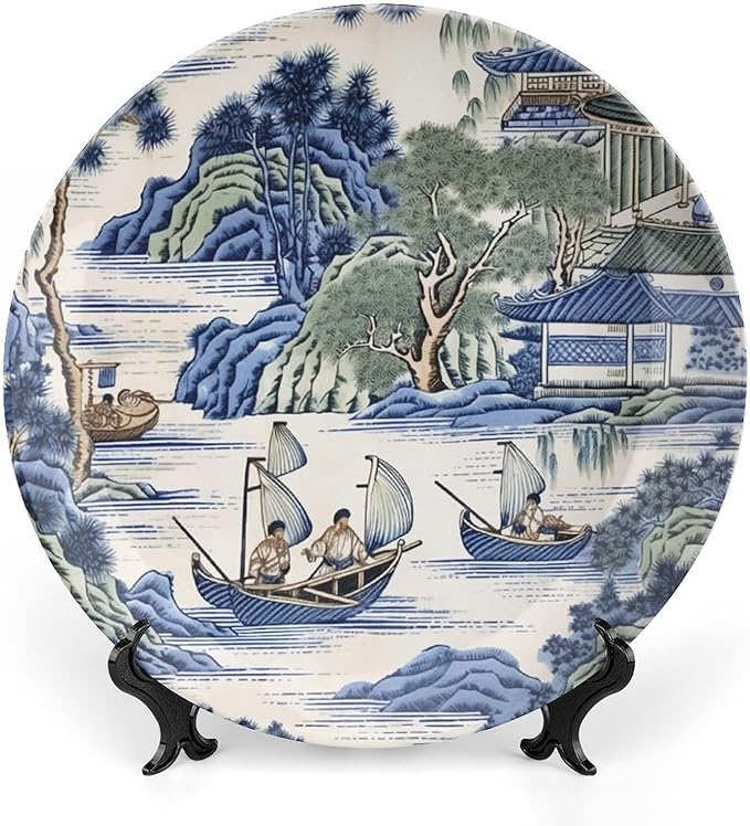 Asian Scenic in Blue And Kelly Green Chinoiserie Ceramic Decorative Plate for Display Housewarming Gifts Club Supplies Festival Wall Holiday Party Decorations Custom Gifts for Men Women Holiday