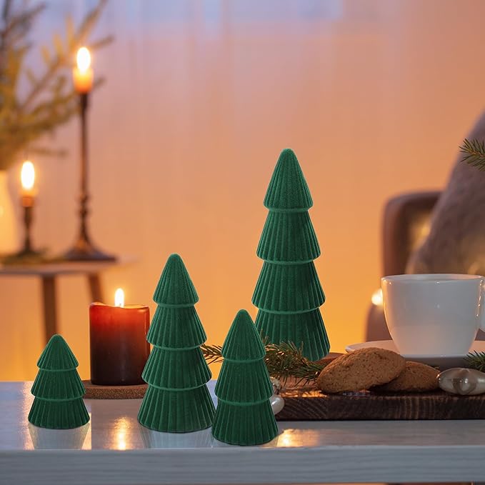 Aneco 4 Pack Velvet Ceramic Christmas Tree Christmas Indoor Decorations Modern Cone Xmas Tabletop Decor for Home Entryway Table Mantel Centerpiece Winter Holiday Party Supplies, Green