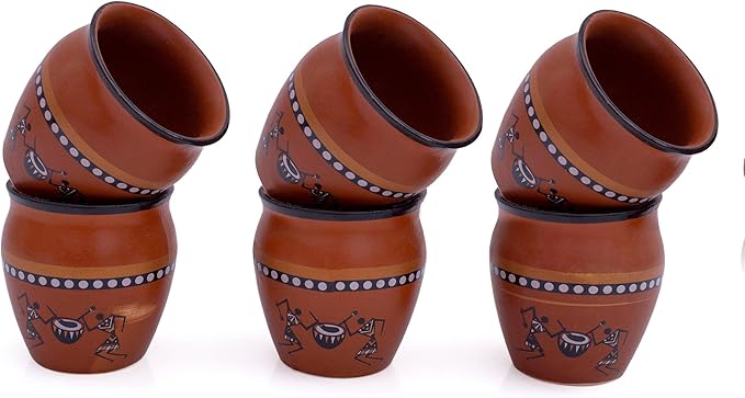 Handmade Traditional Kulhar Kulhad Chai Tea Coffee Mug Cup Cantaritos Set of 6 Glazed Earthenware Glossy Finish Clay Terracotta Artisanal Studio Pottery Mud Brown Food Safe Natural Rustic Eco-Friendly