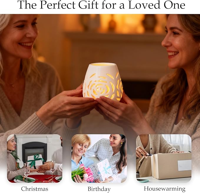 White Ceramic Rose Hollow Candle Holder – Creative Aromatherapy Essential Oil Burner, Wax Melt Diffuser & Tealight Candle Holder for Home Bedroom Decor, Perfect Christmas & Housewarming Gift