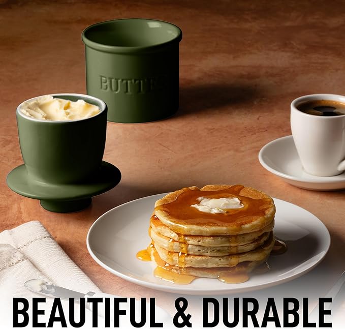 Zulay Kitchen Bell Shaped Butter Crock with Lid for Countertop with Water Line & Spreader Knife, Ceramic French Butter Dish Keeper For Fresh, Soft & Spreadable Butter - Jade