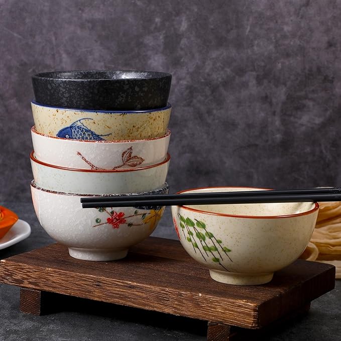 Retro Ceramic Bowls Set for 6, 4.5 Inch Japanese Chinese Bowl Small Hand-Painted Floral Plum Ceramic Bowls for Soup Rice Cereal Dessert Snack Fruit Salad Noodles, Dishwasher Microwave Safe