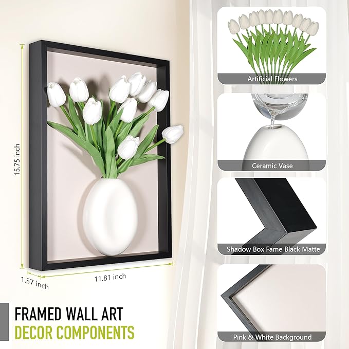 yimido 3D Wall Art Vase with Ceramic Planter, Wooden Framed Wall Decor for Flowers & Decorative Plants, Hanging Wall Vase with Faux Tulips, Modern Black Picture Frame for Living Room Bedroom