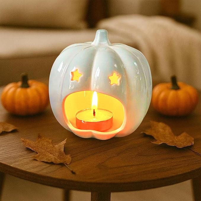 Halloween Pumpkin Stars Ceramic Candle Holder Cute White Pumpkin Designs Tealight Candlestick Table Centerpiece for Halloween Party Office Desk Decorative Candle Holder