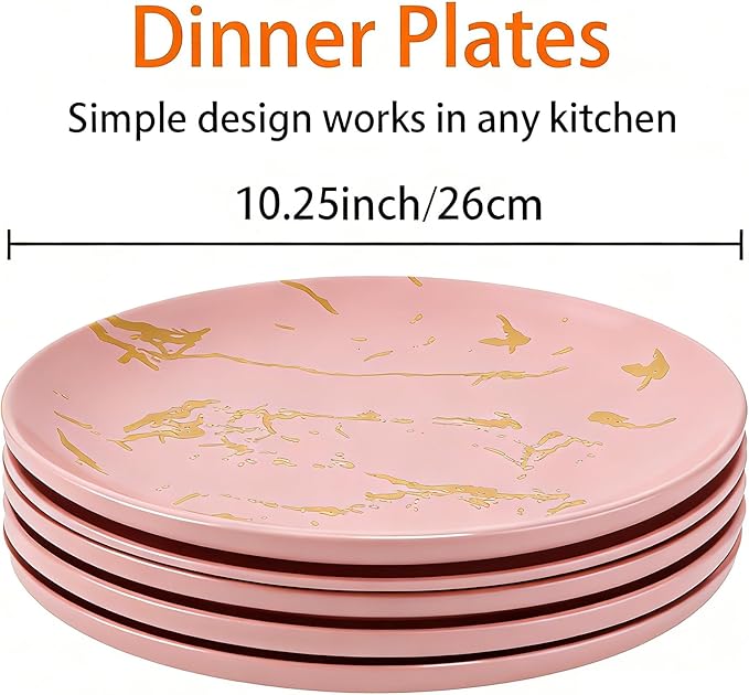 6-Piece Dinner Plate Set, 10-Inch PinkMarble Ceramic Plates with Gold Rim, Oven & Microwave Safe, Elegant Appetizer Salad Dessert Plates for Modern Dining, Dishwasher Safe.