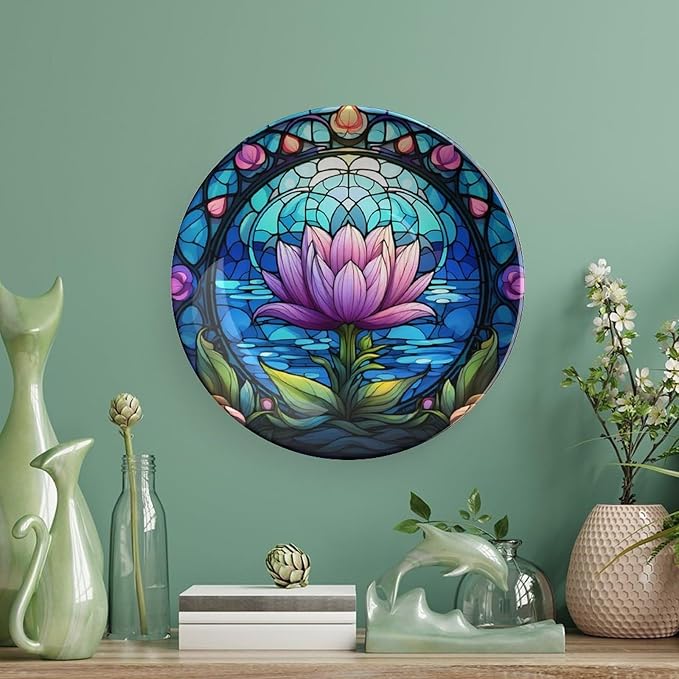 Decorative Plates, Purple Lotus Lake Landscape Stained Glass Painting Ceramic Dinner Plate Home Wobble-Plate w/ Display Stand, Wall Hanging Decor for Kitchen Household 6 Inch, Gifts for Lotus Lover