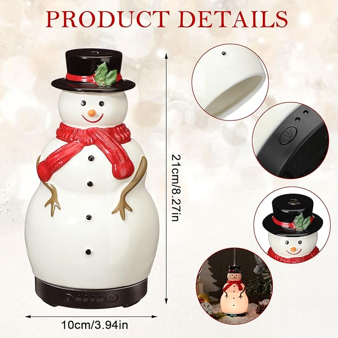 Christmas Essential Oil Diffuser 120ml Ceramic Snowman Aromatherapy Humidifier, Holiday Diffuser Gift, Xmas Stocking Stuffer, Cute Tabletop Christmas Decoration for Home Office Winter