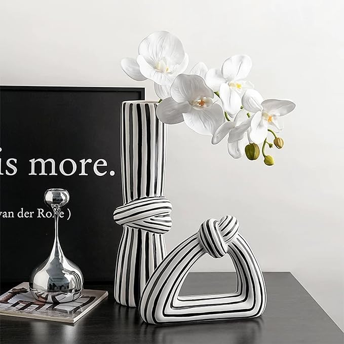 Linxia Minimalist Striped Knot Flower Vase and Art Sculpture 2-Piece Set, Black and White Line, Designer Vase and Ornament for Table Centerpieces Aesthetic for Home Office