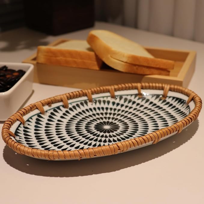 Rattan Ceramic Tray, Oval Fruit/Bread/Cookie/Jewelry Small Storage Porcelain Serving Plate, Vintage Decorative Display Plate for Coffee Table Home Decor Wedding Party Gift (Black Water Drop)