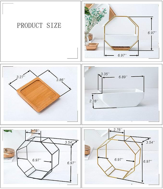 VanEnjoy 7" White Ceramic Wall Planters Vase and Copper,Drainage Hole with Bamboo Tray - Succulent Pot Air Plants Mini Cactus Artificial Flowers Hanging Geometric Hexagon Wall Decor (Gold Metal)