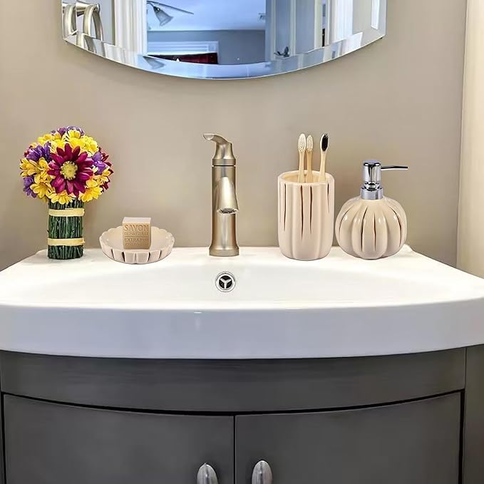 Fall Bathroom Accessory Set of 3, Harvest Pumpkin Bathroom Decor, Ceramic Bathroom Accessories Complete -Toothbrush Holders, Soap Dispenser, Soap Dish, Bathroom Organizer for Countertop