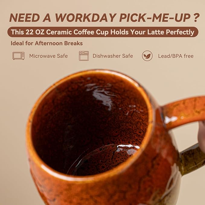 22oz Ergonomic Ceramic Mug with Unique Orange & Yellow Glaze – Microwave & Dishwasher Safe, Ideal Gift for Coffee Lovers, Unique Ceramic Coffee Cup for Yourself or Friends
