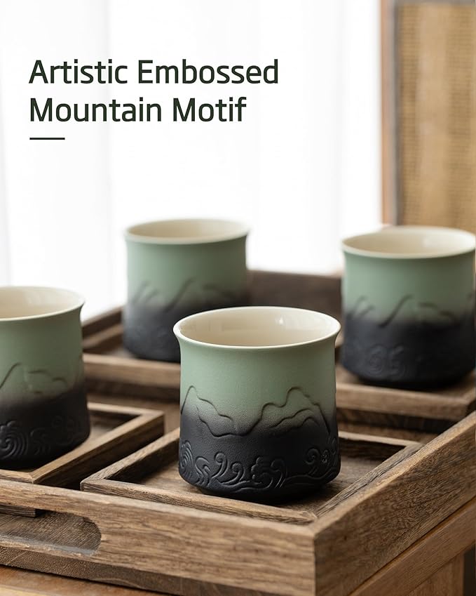 ZENS Japanese Tea Cups Set of 4, Embossed 8 oz Ceramic Japan Tea Cup for Hot Tea or Matcha, Japanese Style Handle-less, Occupied Japan Tea Cup, Moss Green