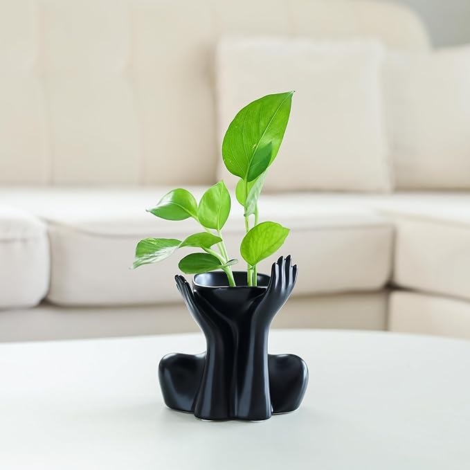 Black Hands Ceramic Vase – Modern Abstract Sculpture Planter for Home & Office Décor – Minimalist Art Piece for Flowers, Succulents, or Standalone Accent Decoration