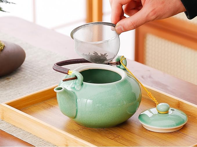 Japanese Tea Set for Adults, Japanese Gongfu Tea Set with 1 Teapot (23.5oz/700ml), 6 Tea Cups(4oz/120ml), Tea Tray & Stainless Infuser, Japanese Teapot Set Tea Gift Set (Kiln Mint Green)