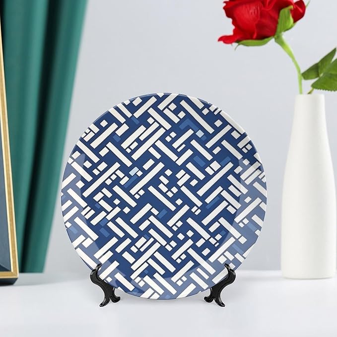 Vintage Plates Navy Blue Geometric Custom Decor for Club Art Decoration Wall Display Wall Decorative Plate with Vertical Stand, Multi Sizes by Choosing, Gifts for Men Women