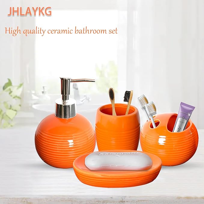 Orange Bathroom Accessories Set 4 Pcs, Ceramic Bathroom Accessory Set with Lotion Soap Dispenser, Toothbrush Holder, Bathroom Tumbler and Soap Dish,Orange Bathroom Decor