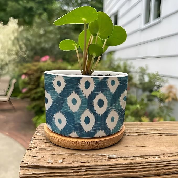 Blue and Ikat Bukhara Planter Ceramic Antique Ikat in Teal Round Plant Pots with Drainage Holes and Bamboo Tray Pot for Home Office Decoration