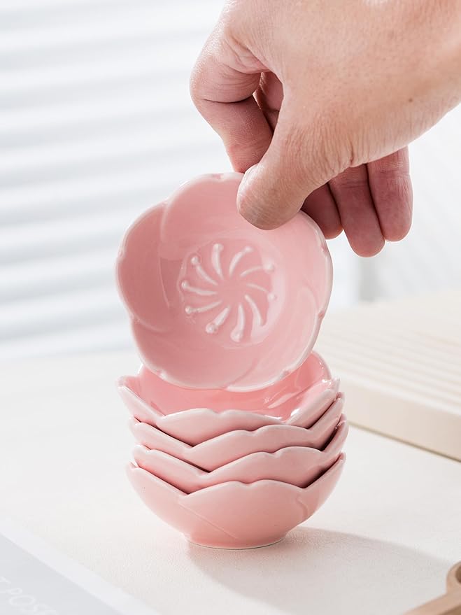Jusalpha 5 PC Pink Cherry Blossom Ceramic Sauce Dish, Seasoning Dish, Sushi Soy Dipping Bow, Dessert Bowl, Appetizer Plates, Serving Dish for Kitchen Home (Pink, Set of 5)