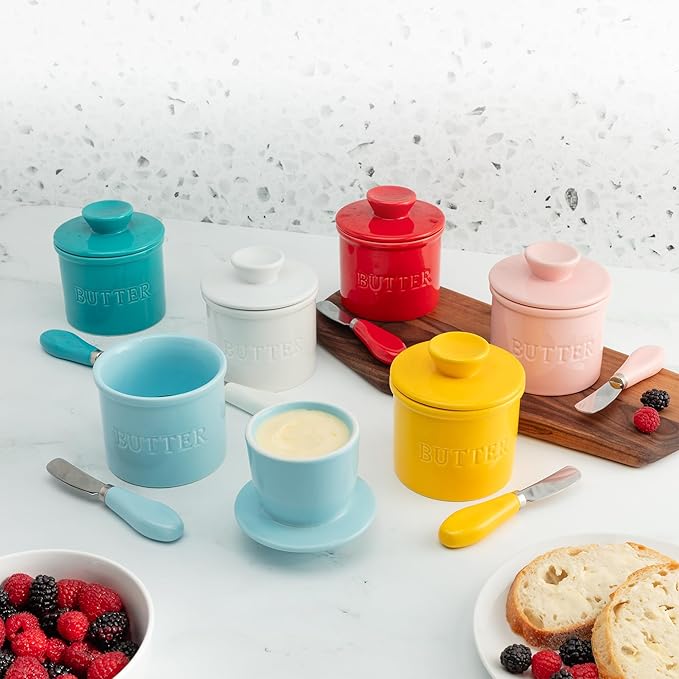 Zulay Kitchen Bell Shaped Butter Crock with Lid for Countertop with Water Line & Spreader Knife, Ceramic French Butter Dish Keeper For Fresh, Soft & Spreadable Butter - Orange