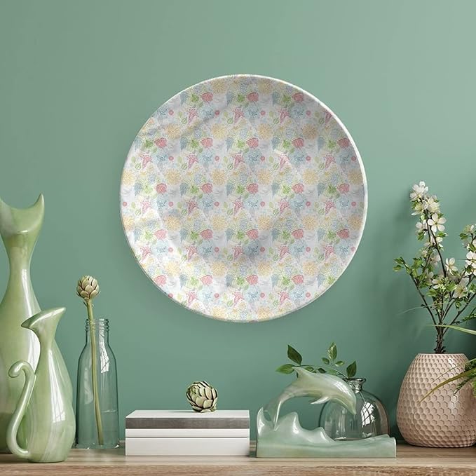 XISUNYA 10 Inch Decorative Plate, Doodle Round Porcelain,Trace Style Flora Fauna Print Ceramic Wall Hanging for Fine Dining, Upscale Event, Dinner Party, Weddings, Catering, Christmas, Thankgiving