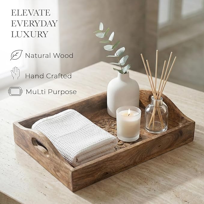 Ajuny Set of 3 Handmade Floral Design Wooden Tray with Handles (15.7x11, 13.7x9.9, 11.4x8 Inch) Inches Hand Carved Serving Platter for Snacks Coffee & Tea Decorative Tray for Home & Kitchen Gift