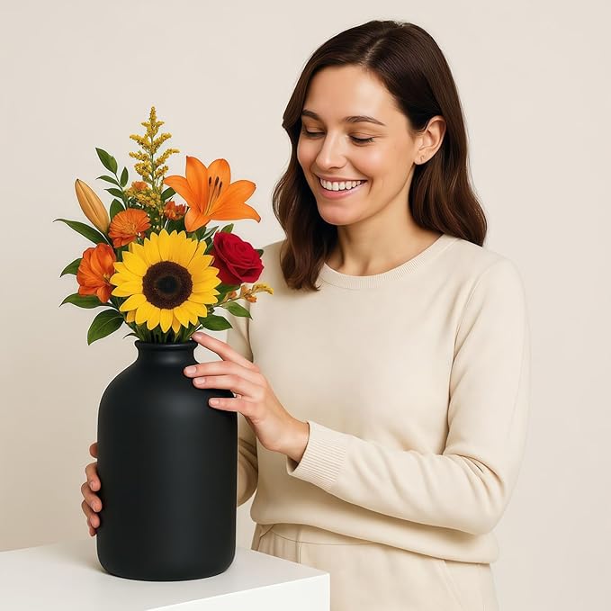 Black Metal Flower Vase, 8.7 Inch Large Metal Vase House Warming Gifts New Home for Living Room Floor, Modern Farmhouse, Plants, Bathroom, Tables, Entryway, Shelf, Kitchen, Office, Coffee Decor