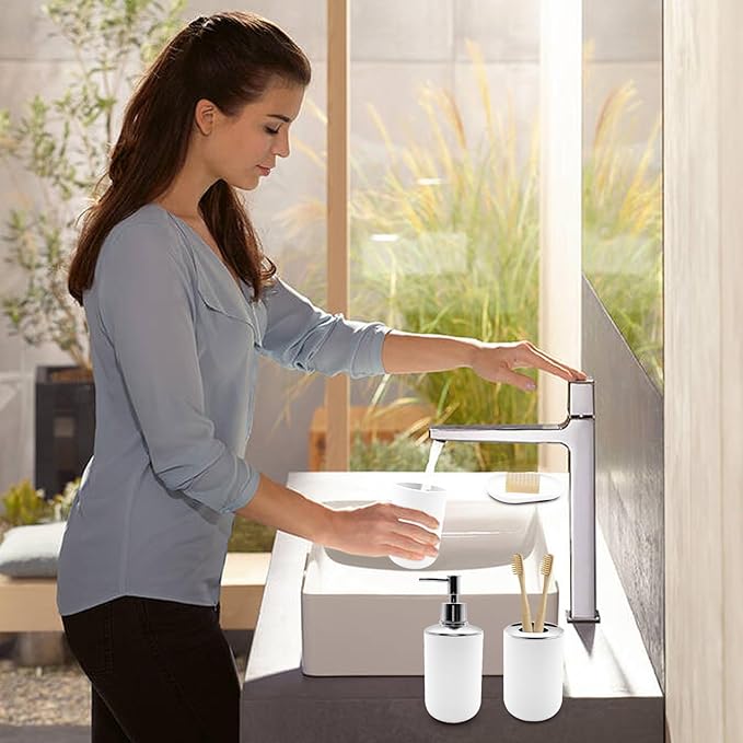 Bathroom Accessory Set, 4 pcs Shatter-Resistant Resin Bathroom Accessories Set Include Lotion Soap Dispenser Toothbrush Holder Soap Dish Modern Bathroom Decor, Gift for Home (White 4pcs)