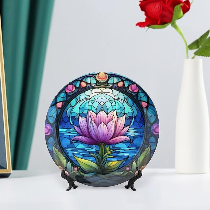Decorative Plates for Wall Hanging, Purple Lotus Lake Landscape Stained Glass Painting Ceramic Plate w/Display Stand, Home Decor for Kitchen Cabinets, Round Tray 7 Inch, Gift for Lotus Lover