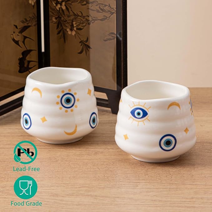 4pcs Japanese Tea Cup Set – 160ml 5.4OZ Ceramic Matcha Cup, Small Handless Espresso Cups, Cute Coffee Mugs for Valentine (Evil Eye)