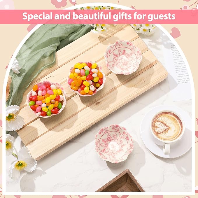 12 Pcs Wedding Favors for Guests Small Ceramic Bowl Bulk Gifts Set 3.3 Inch Floral Design Mini Dipping Sauce Dish with Card Box for Bridal Pooja Baby Shower Birthday Guest Gift (Pink)